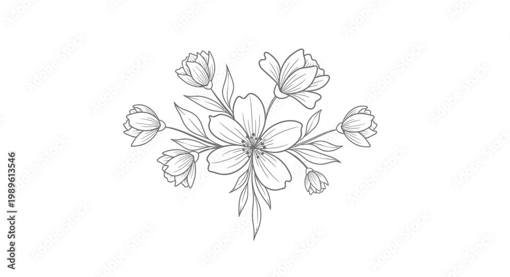 Naklejka premium Delicate floral illustration with blooming flowers and leaves.