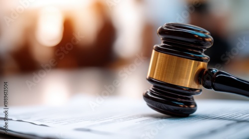 Wooden judge gavel with gold band resting on legal documents in courtroom with blurred background