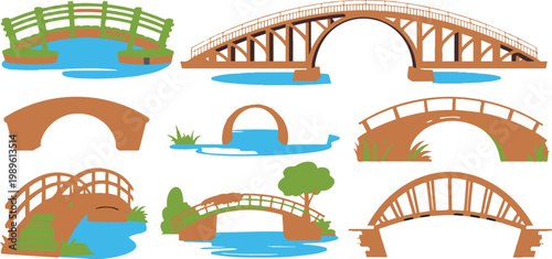 Wooden and stone garden bridge vector illustration set featuring various arched footbridges over water for landscape and park design