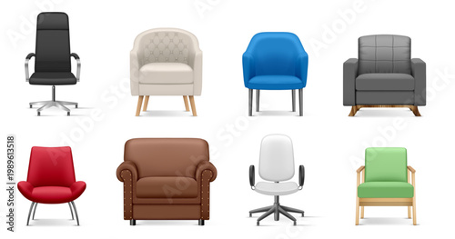 Chairs collection in realistic style. Vector isolated seats for office and home environment. Rolling, wooden and metal base stools. Furniture variety, interior design. Functional seating arrangement