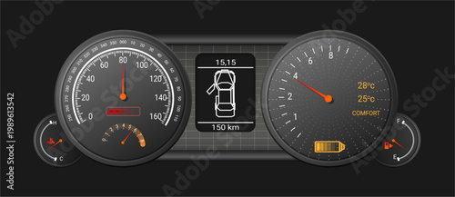 Dashboards with arrow indicators show levels of rapidity, rating and performance. Vector realistic tachometer meters with scale score from safe to risk zones. Transport UI and industrial dashboards