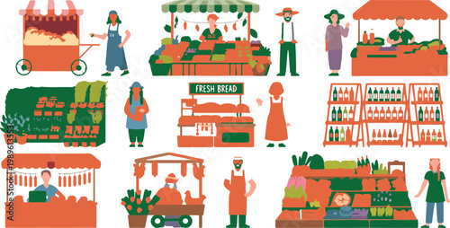 Local farmers market vector illustration set featuring stalls with fresh bread produce vegetables and vendors for community food shopping