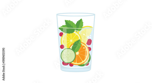 Vector illustration of a refreshing glass of fruit-infused detox water with lemon, orange, cucumber slices, red berries, and fresh mint leaves on a white background.