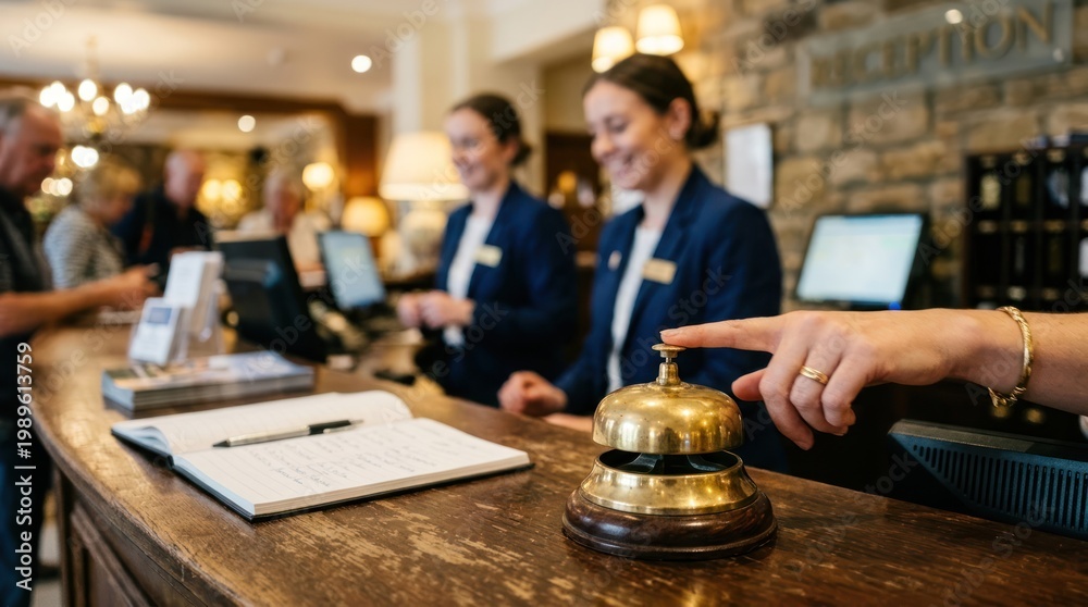Fototapeta premium In a warmly lit hotel reception, three staff members stand behind a wooden counter. 