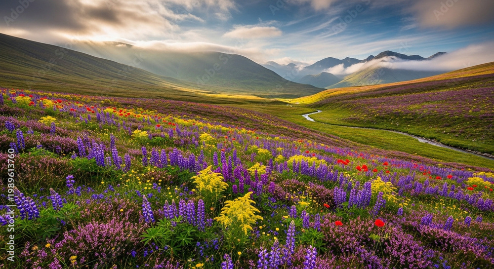Obraz premium Ethereal sunbeams illuminate a vibrant wildflower valley, a majestic mountain panorama under dramatic clouds, creating a breathtaking and serene natural landscape