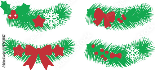 Christmas pine branch vector illustration set with red bows holly berries stars and white snowflakes for winter holiday decoration