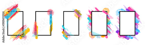 Rectangular frames set with brush stroke edges. Vector isolated painterly border compositions. Abstract graphic layouts with textured paint motions. Creative backdrops with interior space