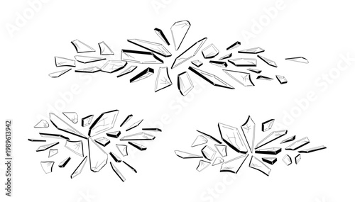 Broken glass pieces with scattered particles. Vector isolated irregular splinters and fragments for accidents and damage visuals. Urban grunge destruction shards set, graphic design elements