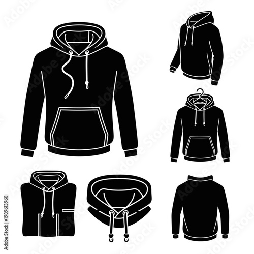 Black Hoodie Icons Set: Front, Side, Folded, and Hanger Views