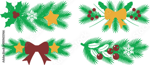 Christmas pine branch vector illustration set with red bows holly berries stars and white snowflakes for winter holiday decoration