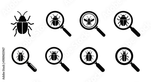 Bug Investigation Icons: Magnifying Glass Searching for Insects, Bugs, and Errors