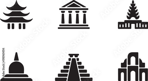 Temple pagoda icon set, flat black generic ancient ruins vector icons