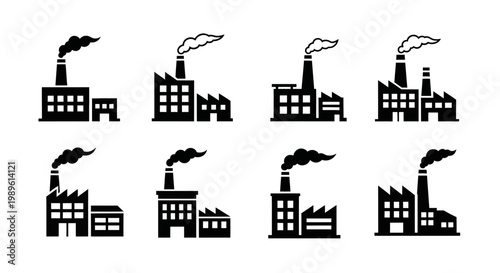 Factory Icons Set: Industrial Buildings with Smoke Stacks, Pollution, Manufacturing, Power Generation