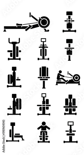 Fitness Equipment Icons: Gym Machines, Rowing, Weight Training, Cardio Workout Set