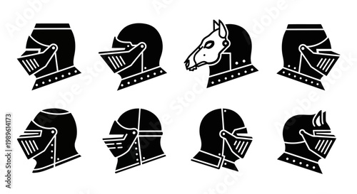 Medieval Knight Helmets Icons Set: Warrior Armor, Historical Protection, Fantasy Battle Gear