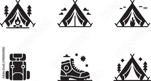 Travel camping icon set, flat black wildlife, forest tour, traveling mountain vector icons