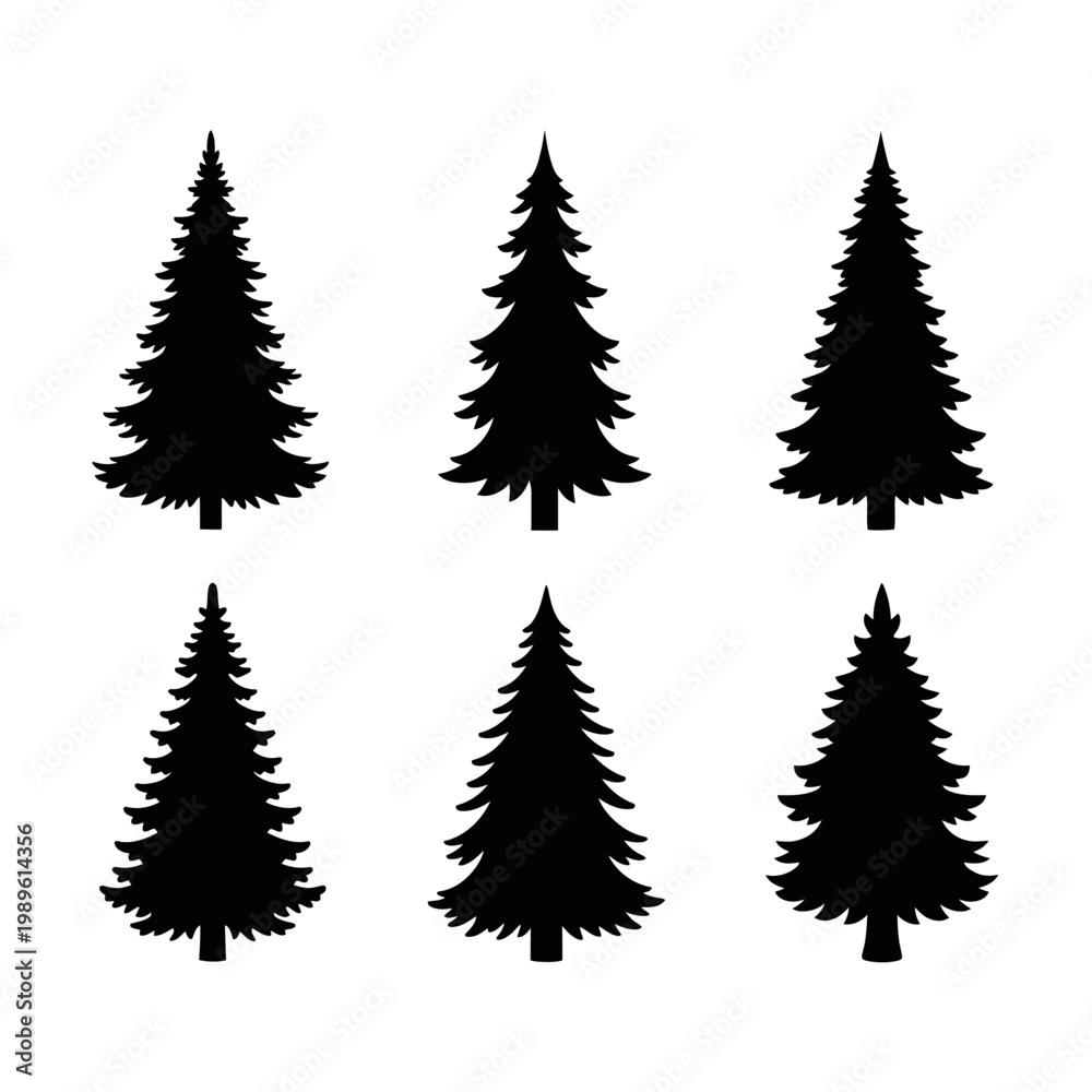 Obraz premium Set of Six Black Silhouette Fir Trees on White Background