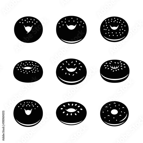 Set of nine black and white bagel icons with seeds, isolated on white background