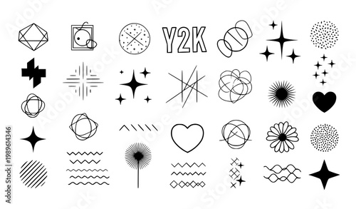 90s Y2K aesthetic shapes icons sparkles stars vector set