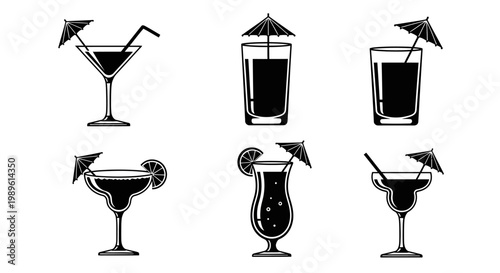 Set of Six Cocktail Glasses with Umbrellas and Garnishes, Black and White Icons