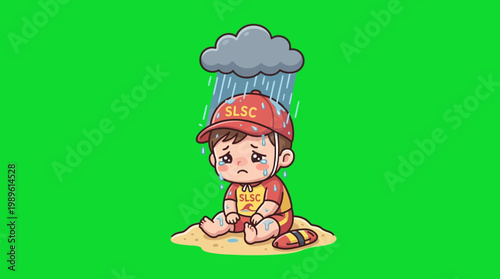 Sad Cartoon Boy Sitting on Sand Under Rain Cloud, Feeling Down.