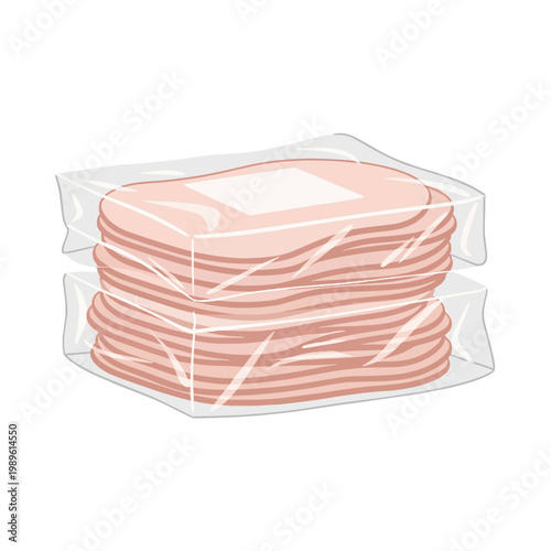 Two Transparent Vacuum Packs of Sliced Deli Ham Isolated on White Background, Sliced Pink Cooked Ham Slabs for Sandwiches