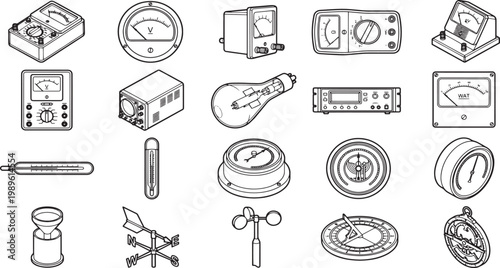 Assortment of instruments showcased with intricate detail, perfect for illustrating scientific concepts, exploring technology, or designing educational materials.