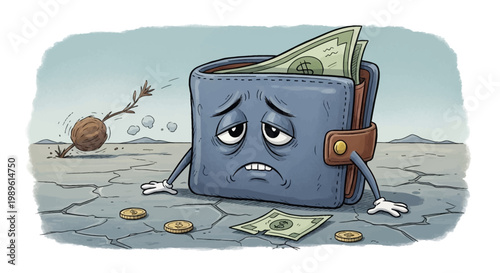 Cartoon wallet with sad face in desert.