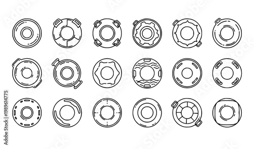 Life Preserver Outline Icon Set with Various Lifebuoy Ring Designs for Marine Safety, Rescue Equipment Illustration, Beach Graphics and Nautical Elements