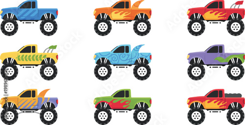 Set of Colorful Monster Truck Vector Illustrations Featuring Flame Decals and Big Tires for Offroad Racing Games Toy Design and Childrens Stickers Isolated on White Background
