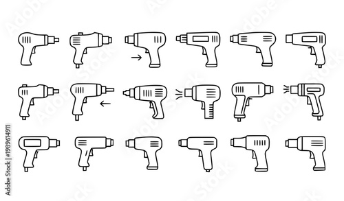 Electric Drill Icon Set Featuring Power Tools, Handheld Drilling Machines and Construction Equipment Symbols for Repair, Workshop and DIY Design Projects