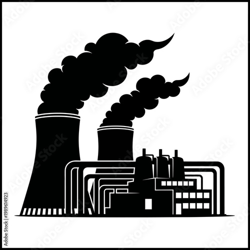 Silhouette Illustration of a Power Plant with Smoke Emissions.