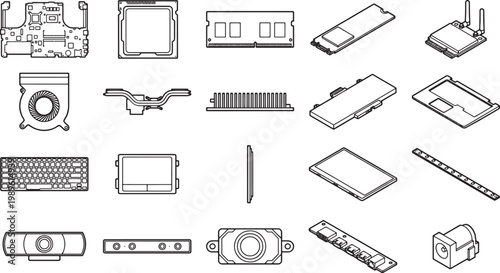 Intricate outline drawings of assorted computer parts arranged in a grid, offering a comprehensive view of the components that make up computer technology.