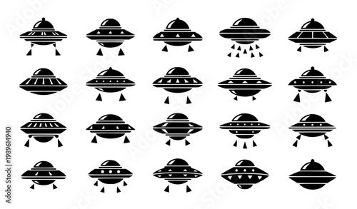 UFO and Alien Spaceship Icon Set Featuring Flying Saucers, Extraterrestrial Vehicles and Sci Fi Spacecraft Symbols for Futuristic and Fantasy Design Projects