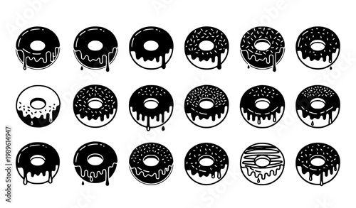 Donut Icon Set Featuring Glazed, Chocolate, Sprinkled and Sweet Dessert Donuts with Dripping Toppings for Bakery, Cafe and Food Design Projects