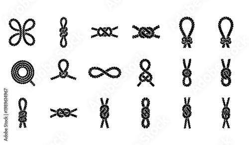 Rope Knot Icon Set Featuring Decorative Knots, Sailing Ties, Loop and Binding Symbols for Nautical Design, Craft Projects and Marine Equipment Illustration