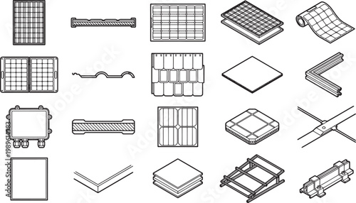 A collection of monochromatic illustrations showcase different solar panel designs, demonstrating the various forms and structures used in sustainable energy systems. 