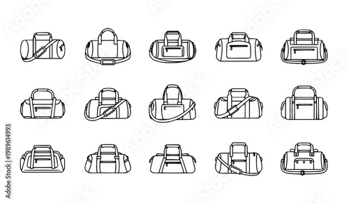 Travel Bag and Backpack Icon Set Featuring Duffel Bags, Gym Bags, Luggage and Carry Accessories for Tourism, Fitness and Outdoor Design Projects