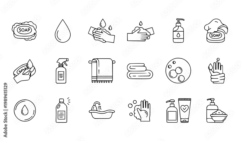 Fototapeta premium Hygiene and Hand Washing Icon Set Featuring Soap, Sanitizer, Towels, Cleaning Spray, Water Drop and Personal Care Symbols for Health and Safety Design