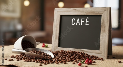 Rustic Café Sign with Coffee Beans Setup