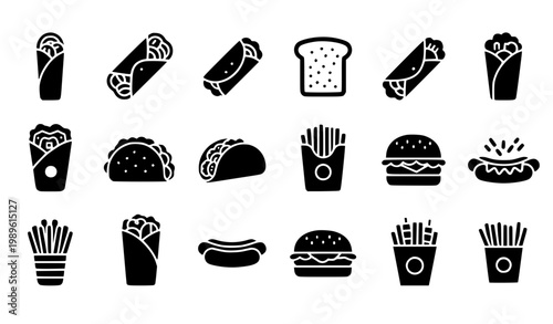 Fast Food Icon Set Featuring Burrito, Taco, Burger, Hot Dog, French Fries and Street Snack Symbols for Restaurant Menu and Takeaway Design