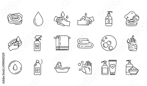 Hygiene and Hand Washing Icon Set Featuring Soap, Sanitizer, Towels, Cleaning Spray, Water Drop and Personal Care Symbols for Health and Safety Design