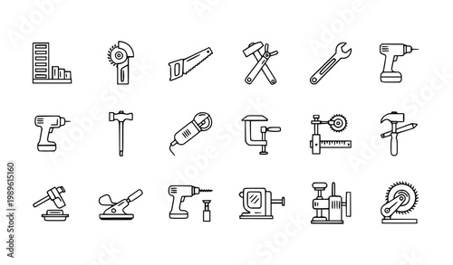Construction Tools and Workshop Equipment Icon Set Featuring Hammer, Drill, Saw, Wrench, Clamp and Industrial Repair Symbols for Maintenance and DIY Projects