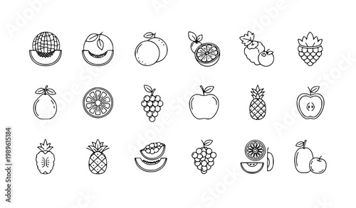 Fresh Fruits Icon Set Featuring Apple, Orange, Pineapple, Grapes, Watermelon, Kiwi and Tropical Fruit Symbols for Healthy Food and Nutrition Design