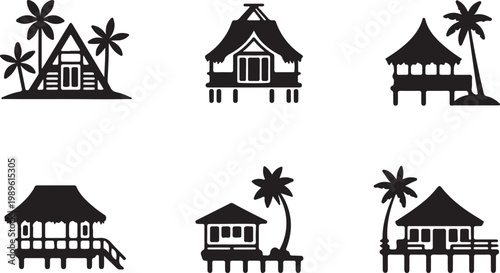 Tropical bunglows icon set, flat black sea beach rest home vector icons
