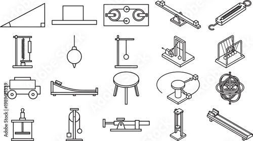 A collection of scientific illustrations showcasing various experiments, tools, and principles of physics.