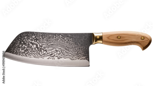 Tableau sur toile Isolated professional kitchen cleaver knife with detailed Damascus steel blade a