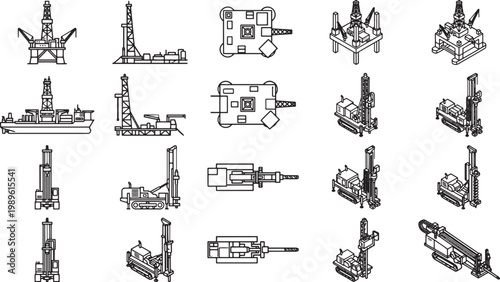 Array of assorted oil rigs are illustrated, featuring a detailed study of the various types and styles of oil rigs used in the petroleum industry.