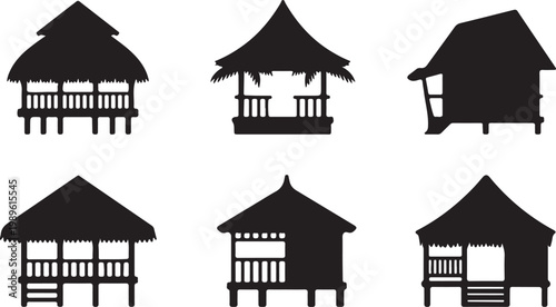 Tropical bunglows icon set, flat black vector silhouette