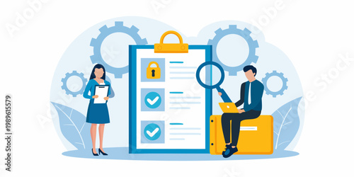 Data security and privacy concept with people examining checklist